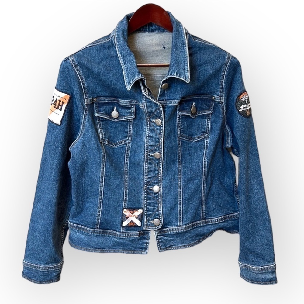 OOAK Miss Etam Reworked vintage denim jacket, y2k, sz L/XL, stretchy